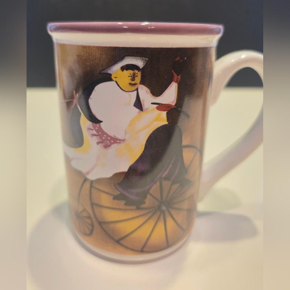 Vintage Gibson Coffee  12 Oz Mug Fat Chef on Old Fashion Bicycle Purple& White